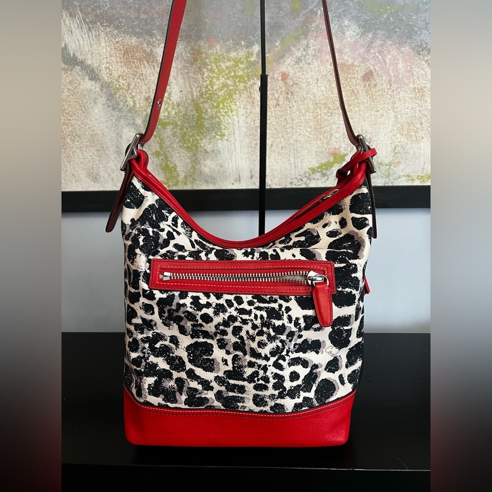 COACH Legacy Ocelot Print Hobo Black Red Multi Canvas Leather Handbag - Picture 11 of 14